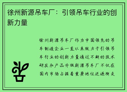 徐州新源吊车厂：引领吊车行业的创新力量