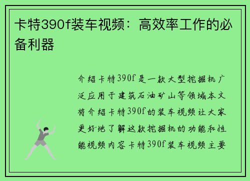 卡特390f装车视频：高效率工作的必备利器